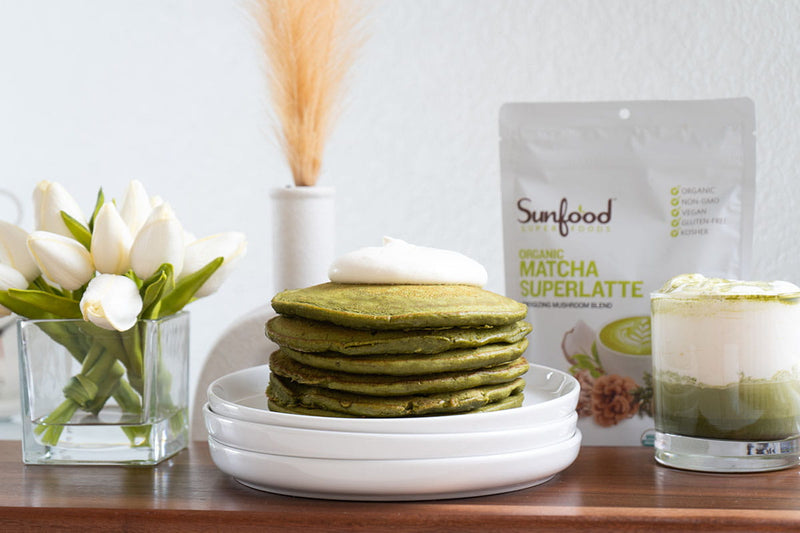 Fluffy Matcha Pancakes With Sunfood Matcha Superlatte