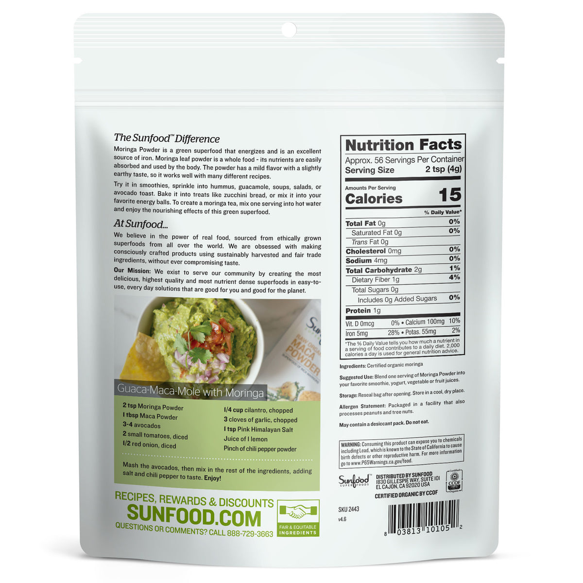 Moringa Powder, Organic, 8oz - Back